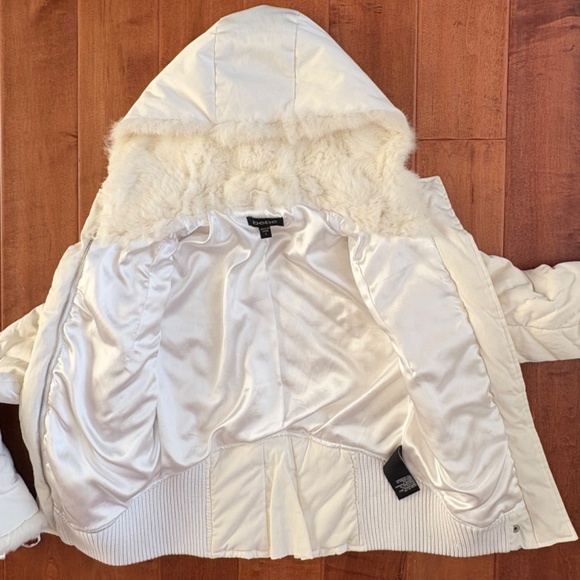 VTG BeBe Hooded Rabbit Fur Puffer Jacket w/ Corset lacing Details Womens S Ivory - Picture 3 of 16